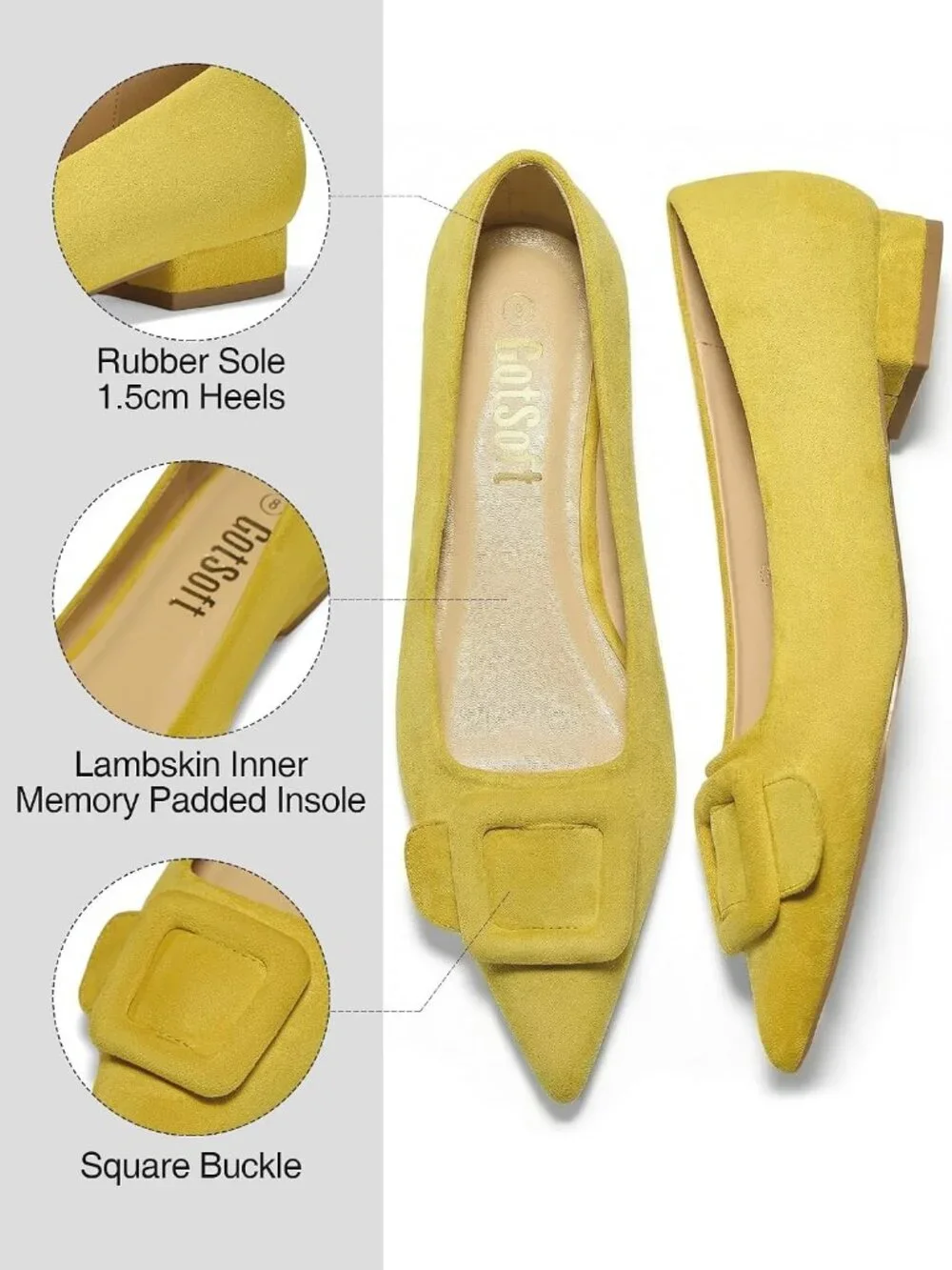 Women's Yellow Rubber Pointed Toe Square Buckle Flats Slip On Comfortable Shoes